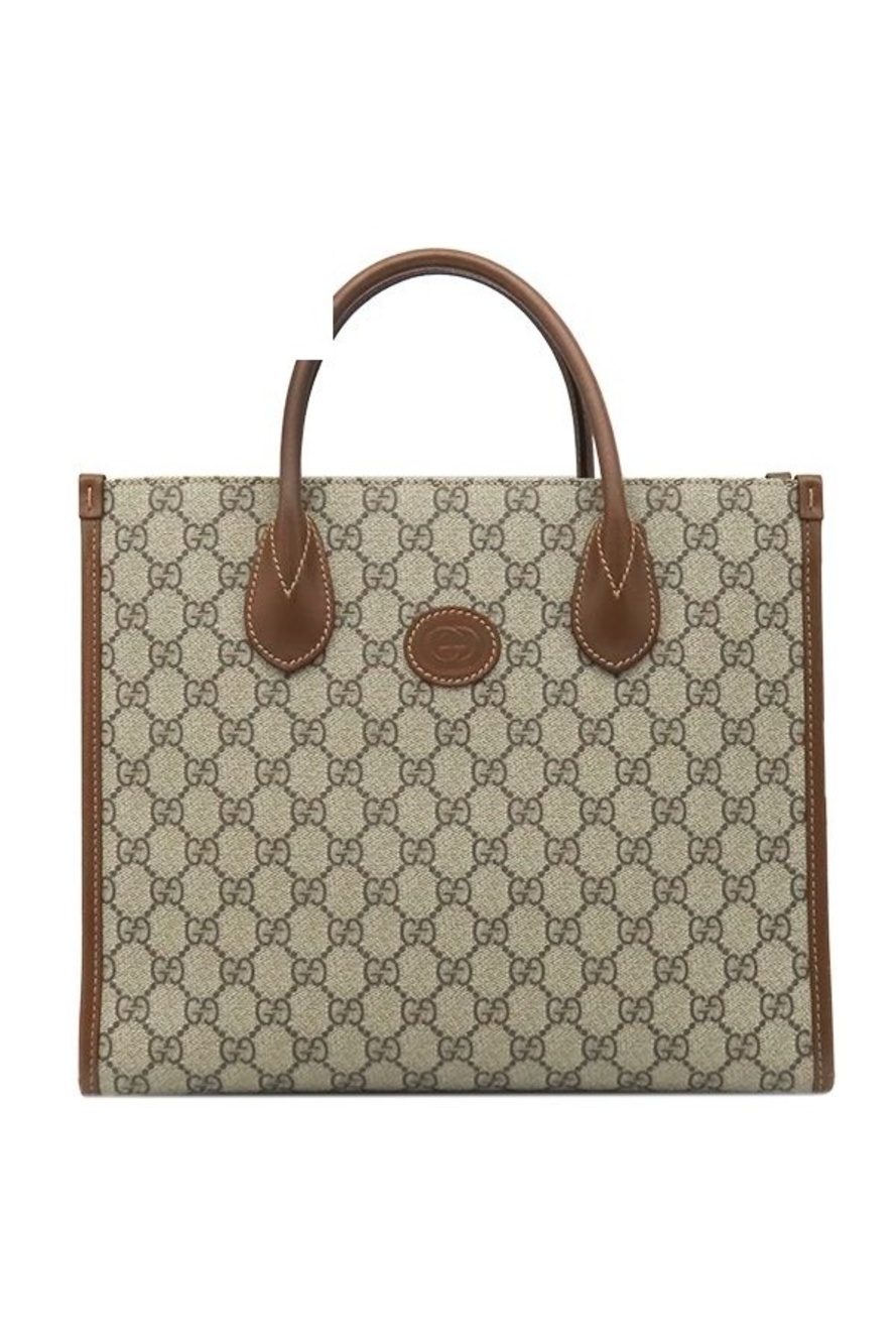Gucci 2-Way GG Small Tote Supreme Canvas Leather Beige Ebony Gold Handbag